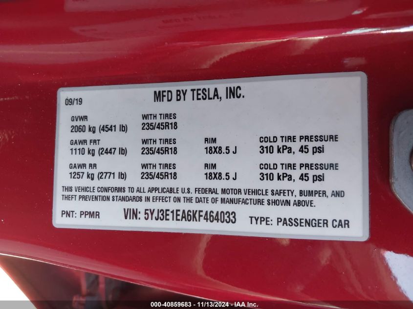 2019 TESLA MODEL 3 LONG RANGE/MID RANGE/STANDARD RANGE/STANDARD RANGE PLUS - 5YJ3E1EA6KF464033