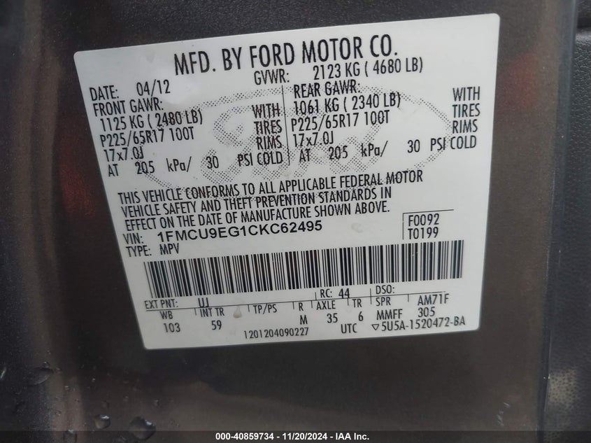 2012 Ford Escape VIN: 1FMEU9EG1CKK62495 Lot: 40859734