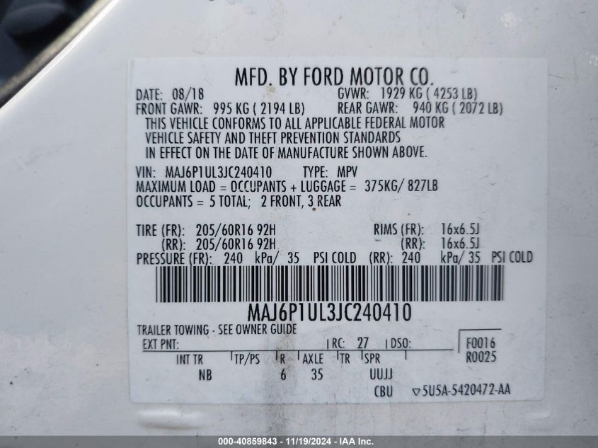 2018 Ford Ecosport Se VIN: MAJ6P1UL3JC240410 Lot: 40859843