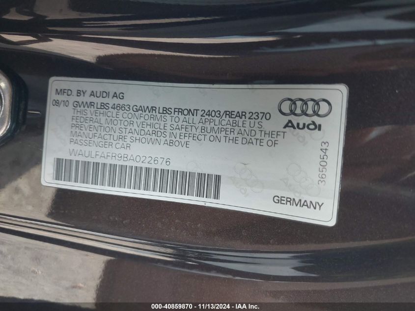 2011 Audi A5 2.0T Premium VIN: WAULFAFR9BA022676 Lot: 40859870