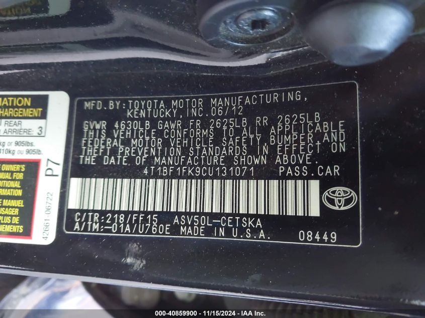 2012 Toyota Camry Se VIN: 4T1BF1FK9CU131071 Lot: 40859900