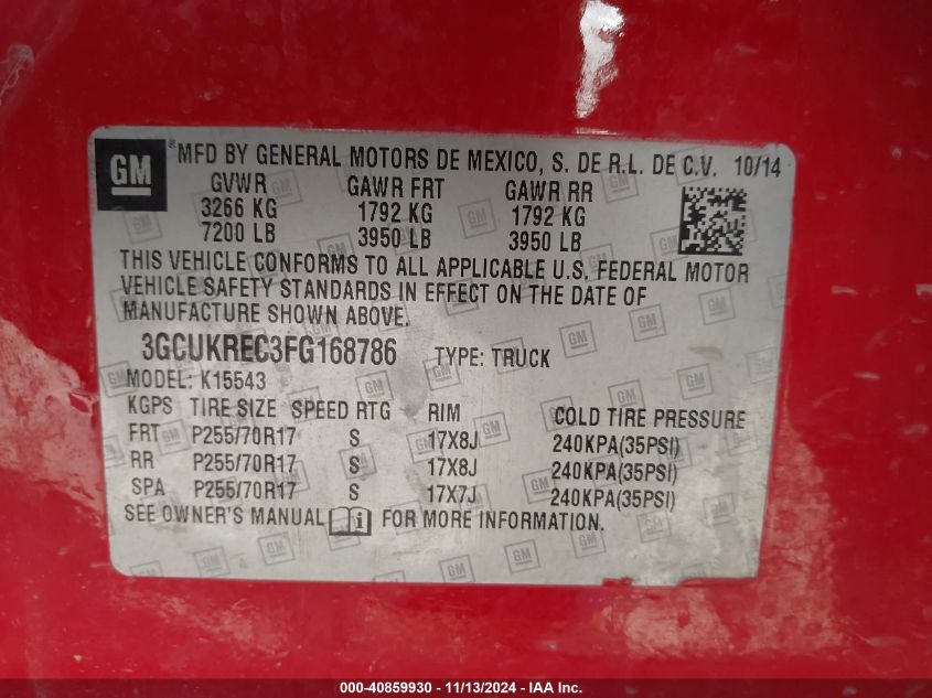 VIN 3GCUKREC3FG168786 2015 CHEVROLET SILVERADO 1500 no.9