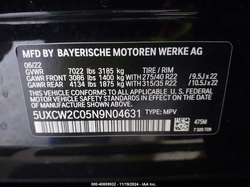 2022 BMW X7 xDrive40I VIN: 5UXCW2C05N9N04631 Lot: 40859932