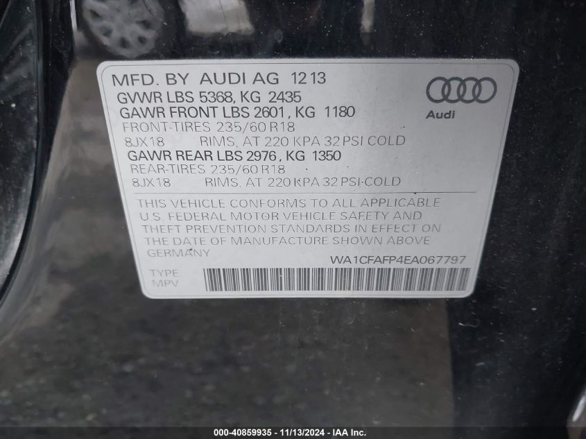 2014 Audi Q5 2.0T Premium VIN: WA1CFAFP4EA067797 Lot: 40859935