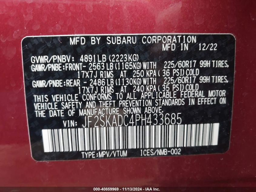 2023 Subaru Forester Premium VIN: JF2SKADC4PH433685 Lot: 40859969