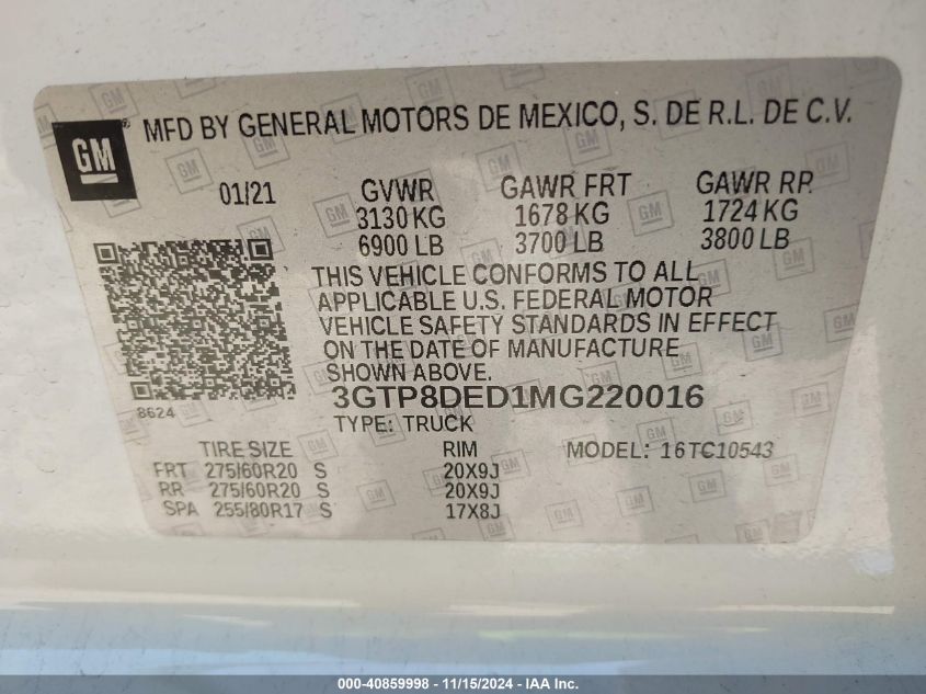 2021 GMC Sierra 1500 2Wd Short Box Slt VIN: 3GTP8DED1MG220016 Lot: 40859998