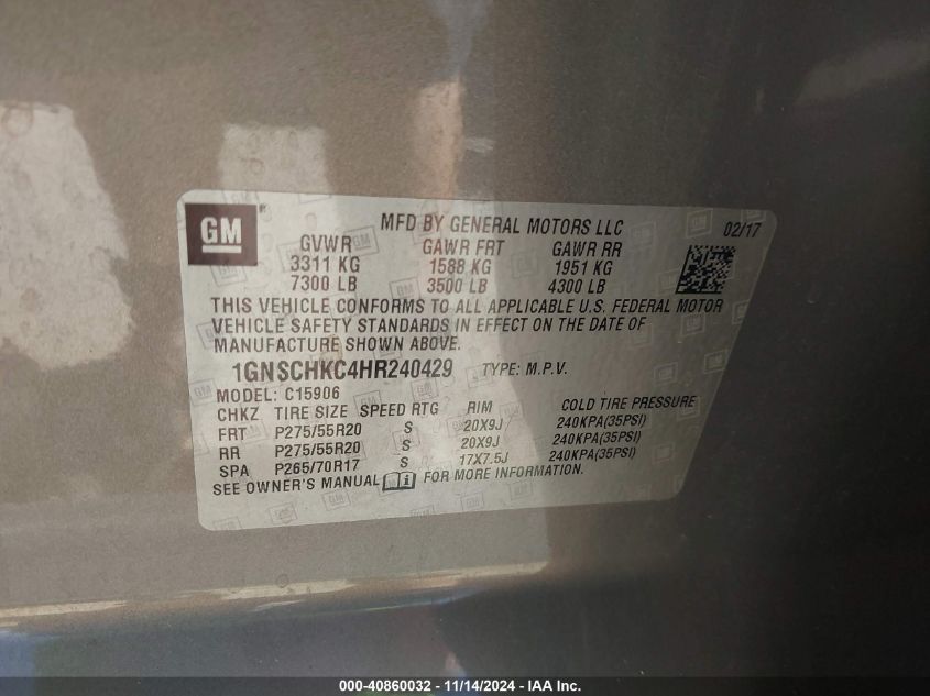 2017 CHEVROLET SUBURBAN VIN: 1GNSCHKC4HR240429