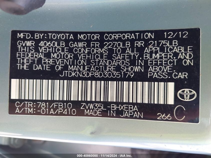 2013 Toyota Prius Plug-In VIN: JTDKN3DP8D3035179 Lot: 40860085