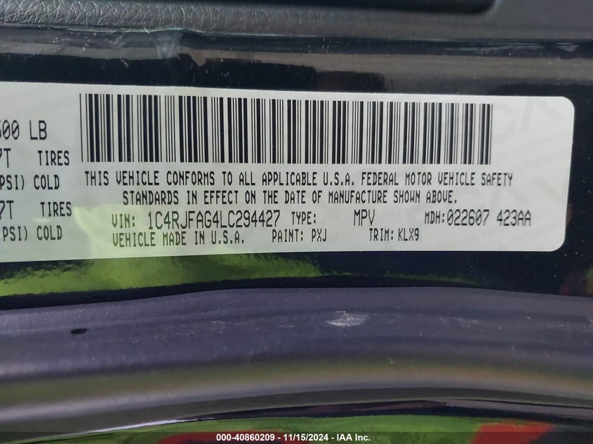 2020 JEEP GRAND CHEROKEE VIN: 1C4RJFAG4LC294427