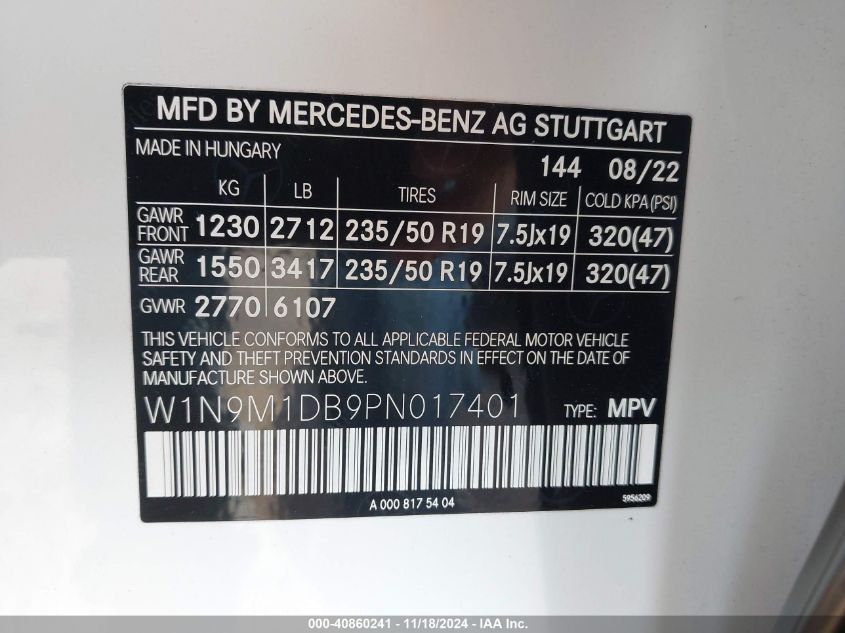 2023 Mercedes-Benz Eqb 350 4Matic VIN: W1N9M1DB9PN017401 Lot: 40860241