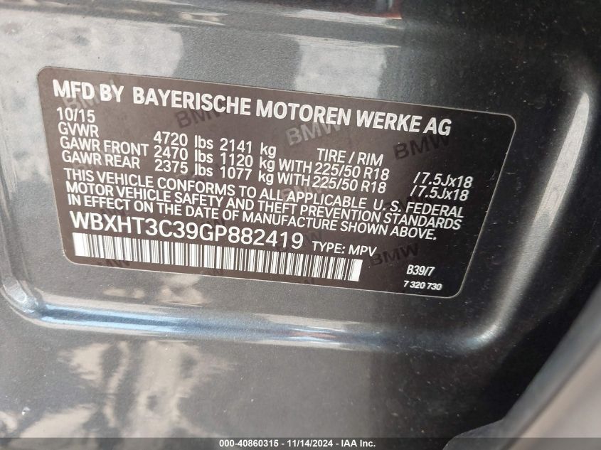 2016 BMW X1 xDrive28I VIN: WBXHT3C39GP882419 Lot: 40860315