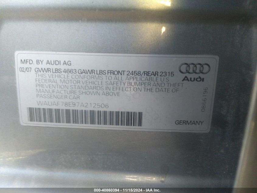 2007 Audi A4 2.0T VIN: WAUAF78E97A212506 Lot: 40860394