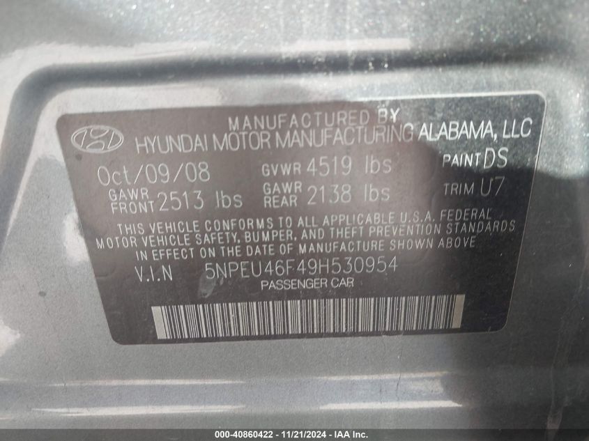 2009 Hyundai Sonata Limited V6 VIN: 5NPEU46F49H530954 Lot: 40860422