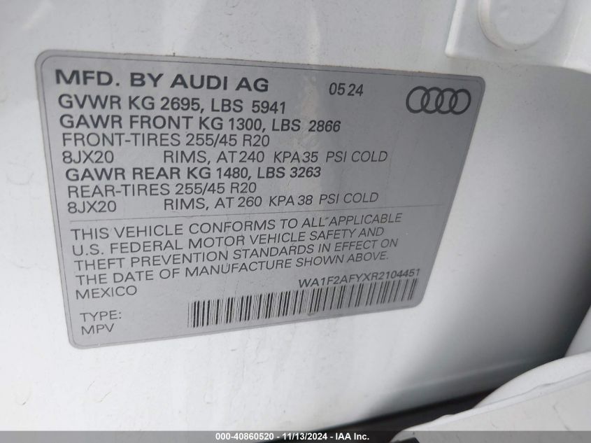 2024 Audi Q5 Prestige 55 Tfsi E S Line Quattro S Tronic VIN: WA1F2AFYXR2104451 Lot: 40860520