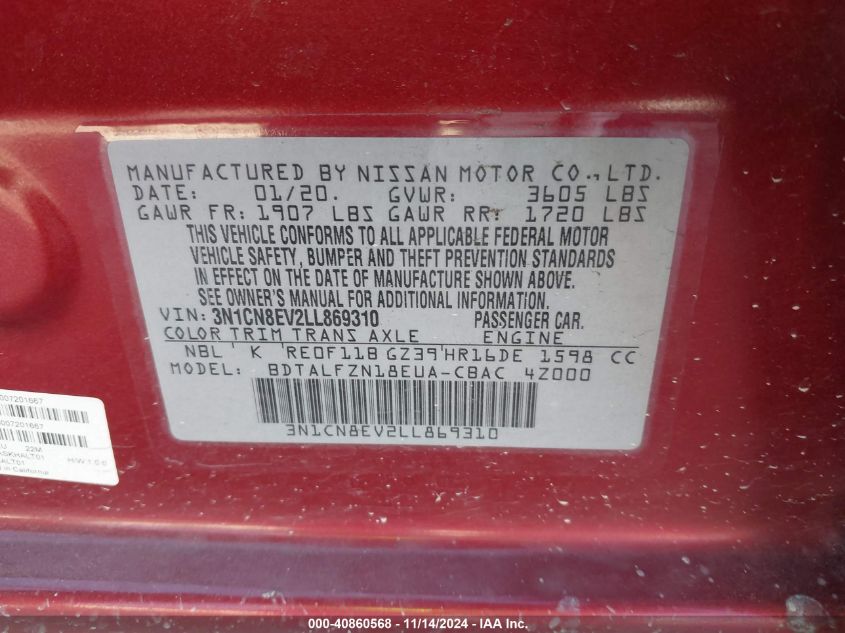 2020 NISSAN VERSA VIN: 3N1CN8EV2LL869310