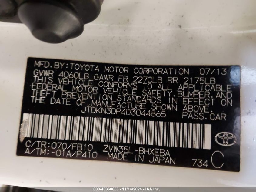 2013 Toyota Prius Plug-In VIN: JTDKN3DP4D3044865 Lot: 40860600