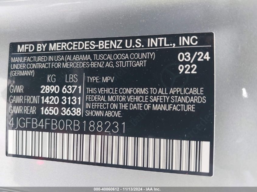 2024 MERCEDES-BENZ GLE 350 2.0L I-4 DI, DOHC, V(VIN: 4JGFB4FB0RB188231