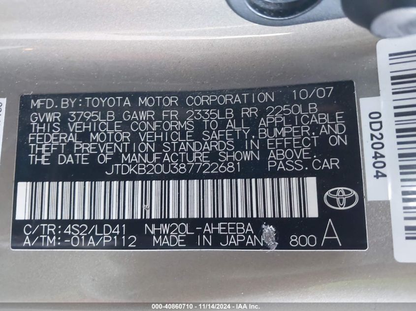 2008 Toyota Prius VIN: JTDKB20U387722681 Lot: 40860710