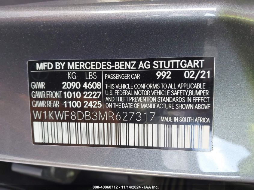 2021 Mercedes-Benz C 300 Sedan VIN: W1KWF8DB3MR627317 Lot: 40860712