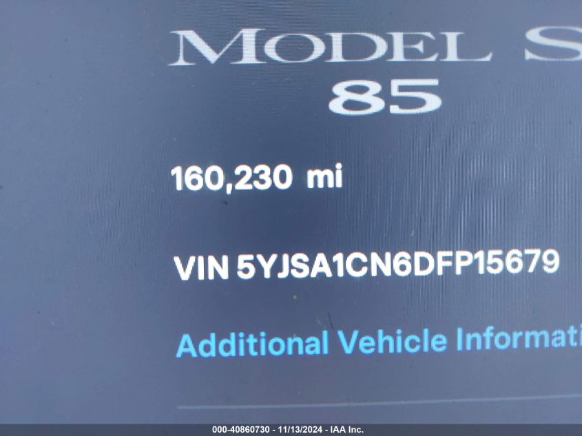 2013 Tesla Model S VIN: 5YJSA1CN6DFP15679 Lot: 40860730