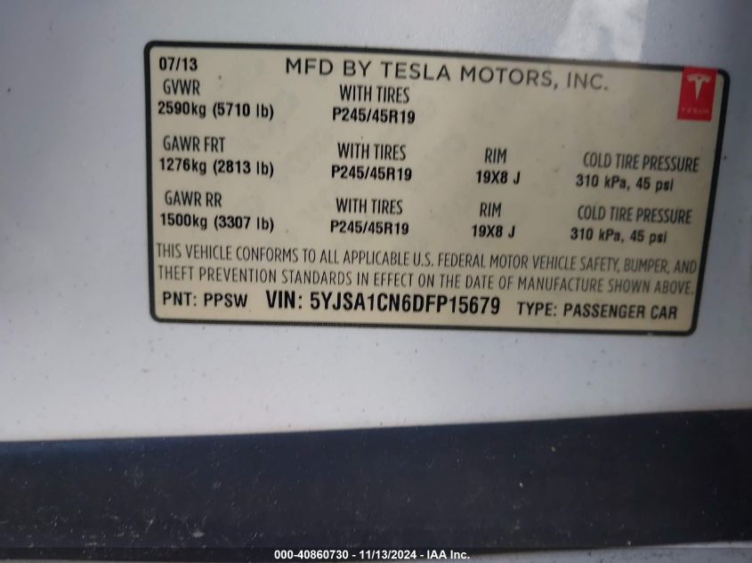 2013 Tesla Model S VIN: 5YJSA1CN6DFP15679 Lot: 40860730