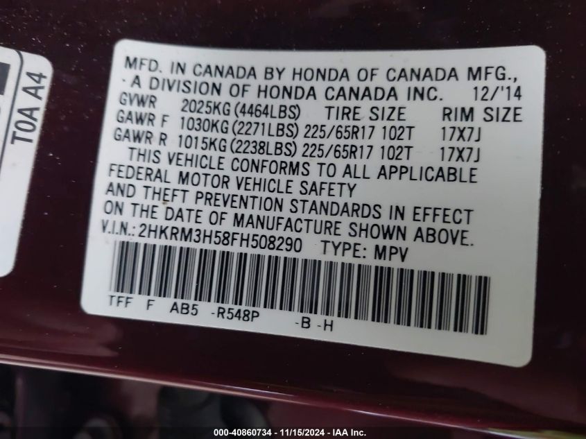 VIN 2HKRM3H58FH508290 2015 Honda CR-V, EX no.9