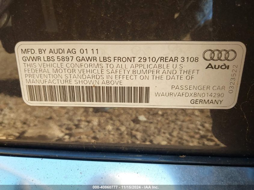 2011 Audi A8 L 4.2 VIN: WAURVAFDXBN014290 Lot: 40860777