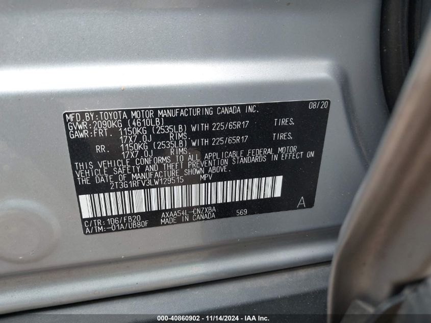 2020 TOYOTA RAV4 LE VIN: 2T3G1RFV3LW129515