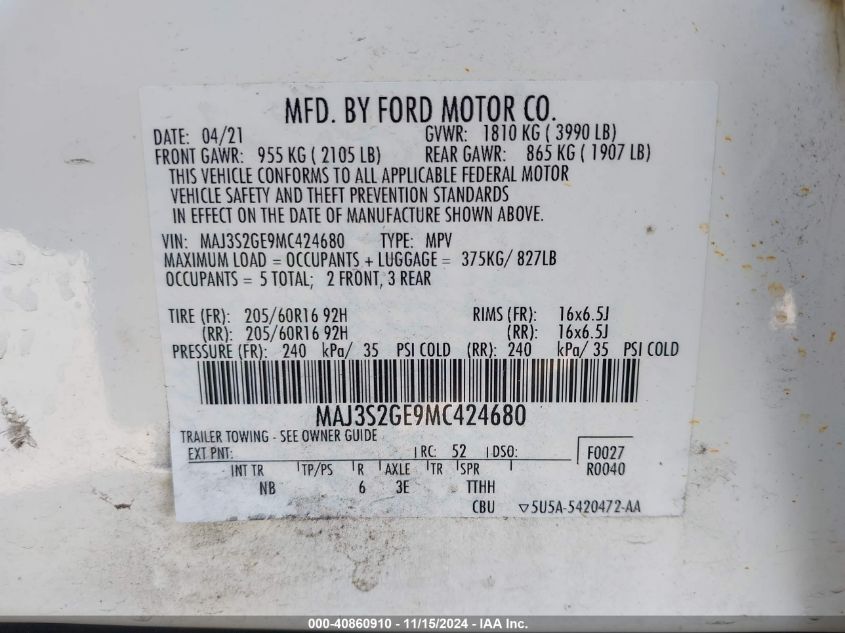 2021 Ford Ecosport Se VIN: MAJ3S2GE9MC424680 Lot: 40860910