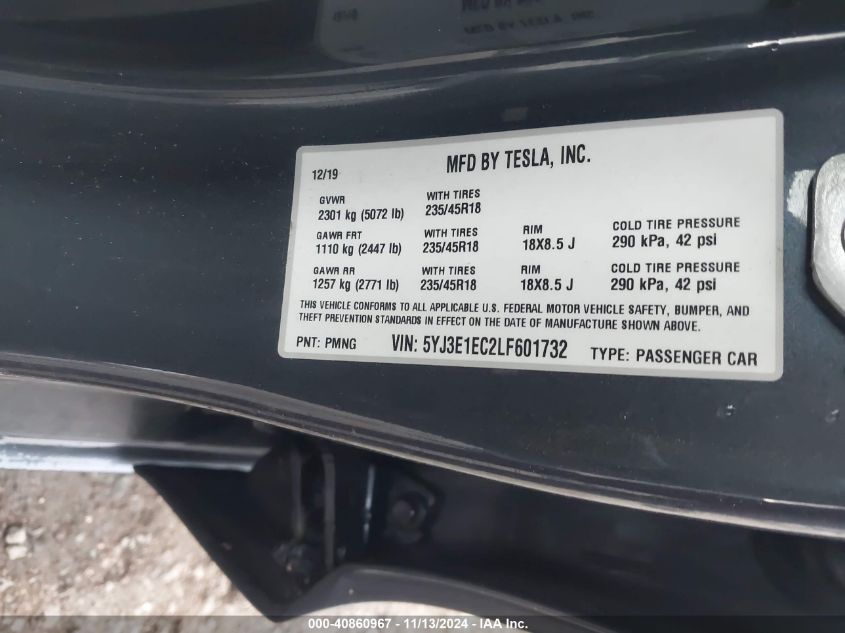 2020 Tesla Model 3 Performance Dual Motor All-Wheel Drive VIN: 5YJ3E1EC2LF601732 Lot: 40860967