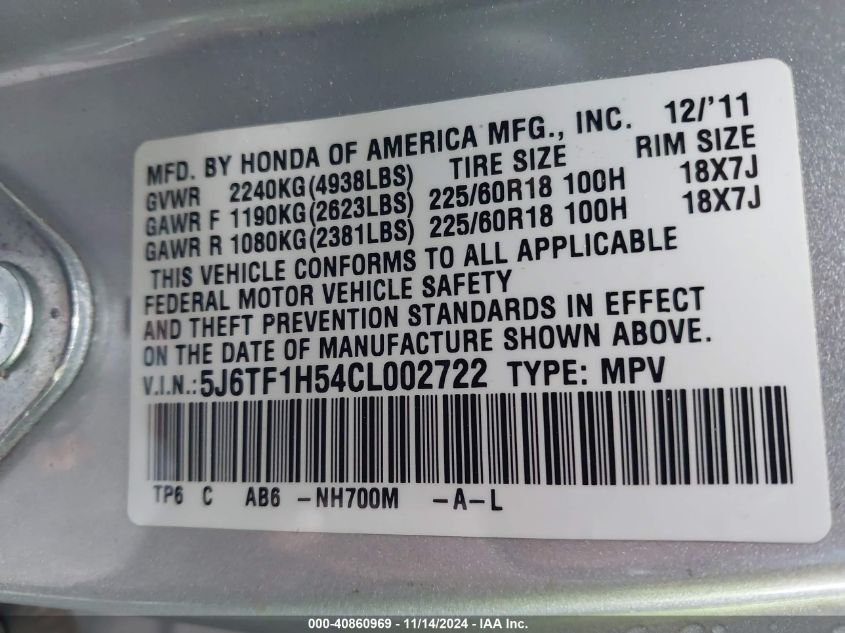 2012 HONDA CROSSTOUR VIN: 5J6TF1H54CL002722