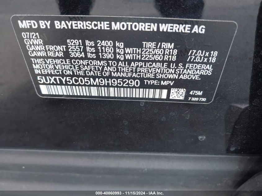 2021 BMW X3 xDrive30I VIN: 5UXTY5C05M9H95290 Lot: 40860993