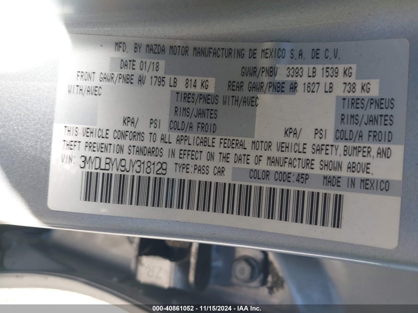 VIN 3MYDLBYV9JY318129 2018 TOYOTA YARIS IA