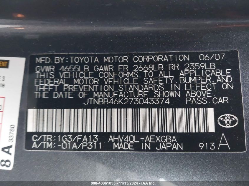 2007 Toyota Camry Hybrid VIN: JTNBB46K273043374 Lot: 40861055