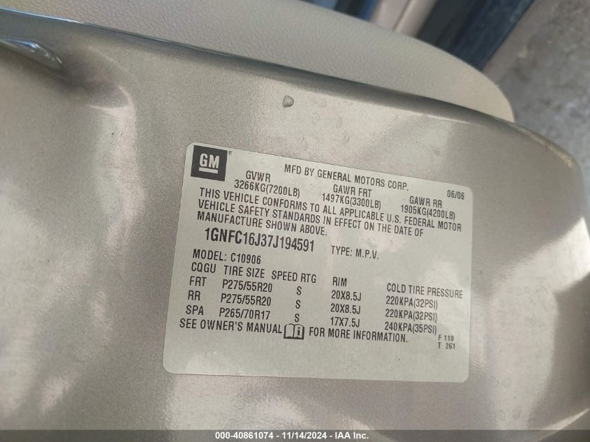 2007 Chevrolet Suburban 1500 Lt VIN: 1GNFC16J37J194591 Lot: 40861074