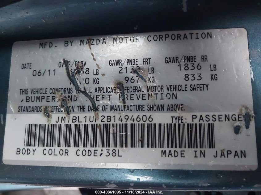 2011 Mazda 3 I VIN: JM1BL1UF2B1494606 Lot: 40861095