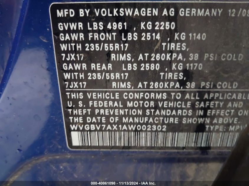 2010 Volkswagen Tiguan Wolfsburg Edition VIN: WVGBV7AX1AW002302 Lot: 40861098