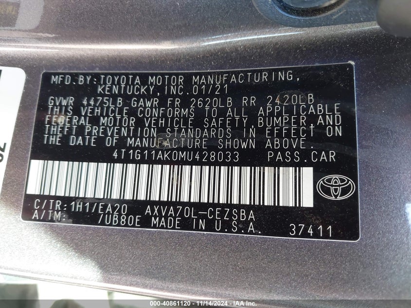 2021 TOYOTA CAMRY VIN: 4T1G11AK0MU428033
