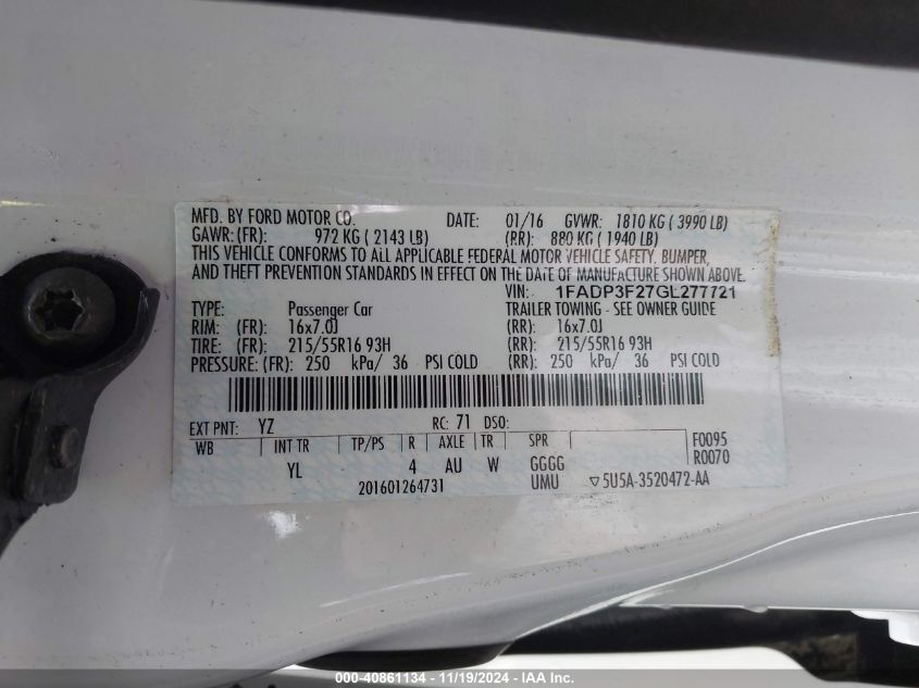 2016 FORD FOCUS SE - 1FADP3F27GL277721