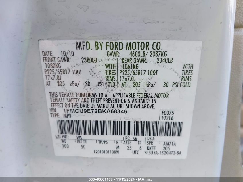 2011 Ford Escape Limited VIN: 1FMCU9E72BKA68346 Lot: 40861169