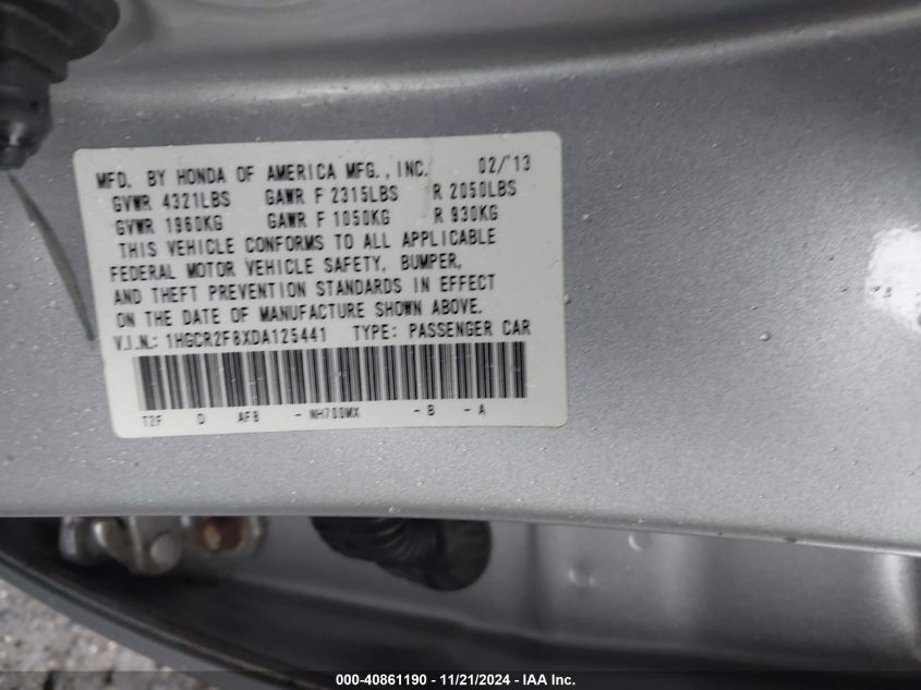 VIN 1HGCR2F8XDA125441 2013 Honda Accord, Ex-L no.9