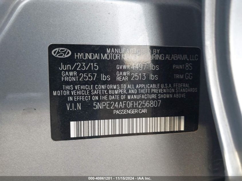 VIN 5NPE24AF0FH256807 2015 Hyundai Sonata, SE no.9