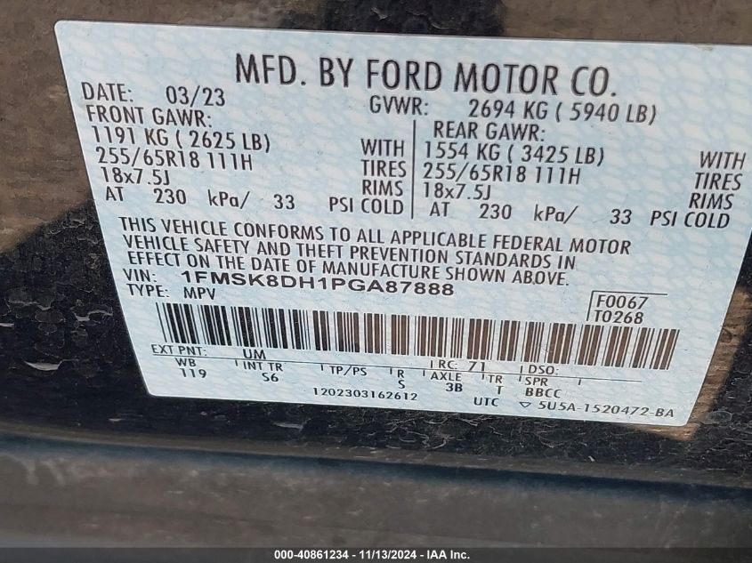 2023 Ford Explorer Xlt VIN: 1FMSK8DH1PGA87888 Lot: 40861234