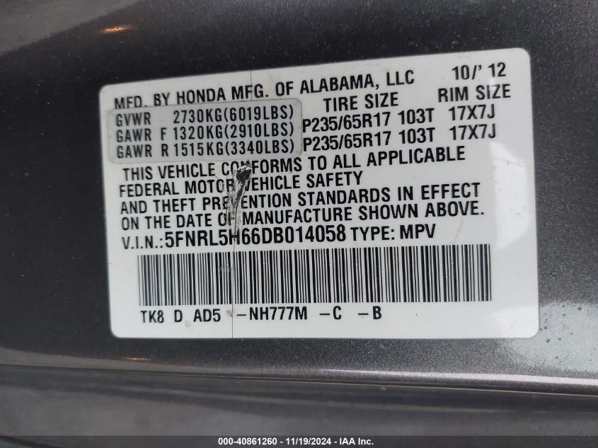 2013 Honda Odyssey Ex-L VIN: 5FNRL5H66DB014058 Lot: 40861260