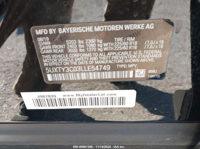 2020 BMW X3 Sdrive30I VIN: 5UXTY3C03LLE54749 Lot: 40861268