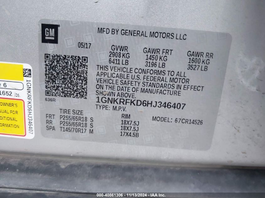 VIN 1GNKRFKD6HJ346407 2017 Chevrolet Traverse, LS no.9