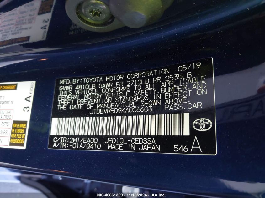 2019 Toyota Mirai VIN: JTDBVRBD9KA006603 Lot: 40861329