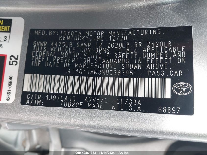 2021 TOYOTA CAMRY VIN: 4T1G11AK3MU538395