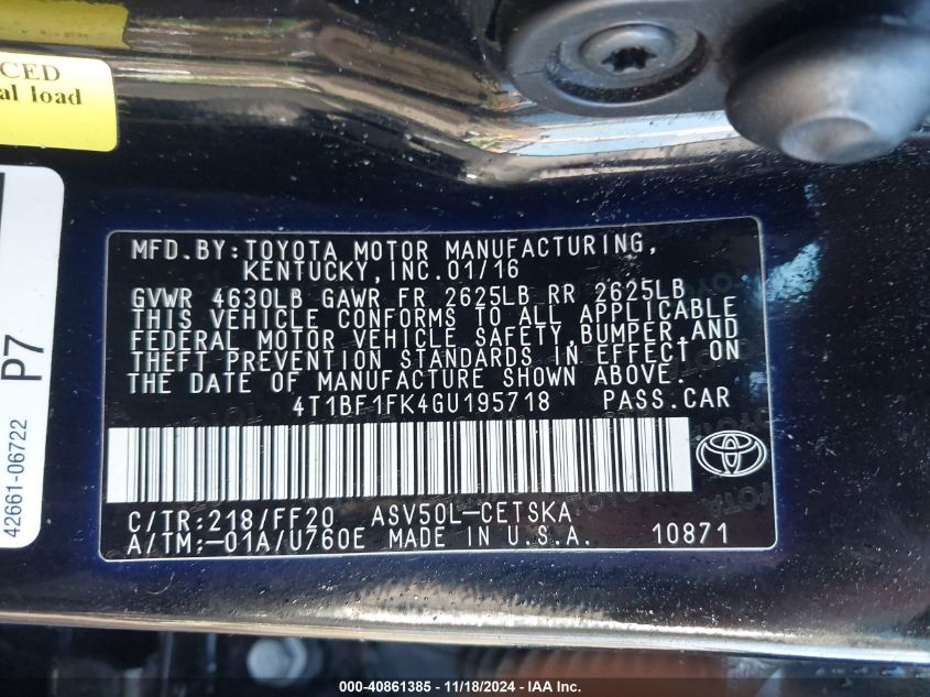 2016 TOYOTA CAMRY VIN: 4T1BF1FK4GU195718