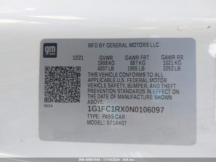 2022 CHEVROLET CAMARO VIN: 1G1FC1RX0N0106097